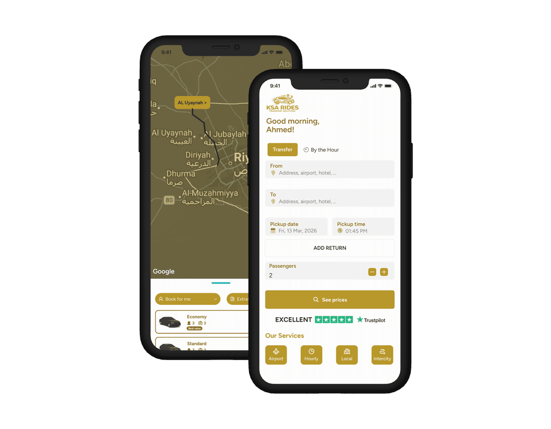 KSA Rides app – booking and route view